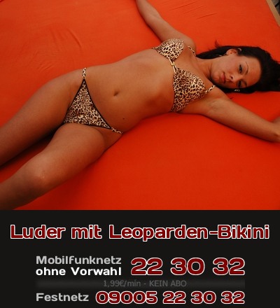Luder mit Leoparden-Bikini Mit dem Leopardenfell-Look ist der Bikini als Fetisch total der Klassiker für Liebhaber von Leopardenfell, wie auch von Liebhabern halbnackter Weiber.